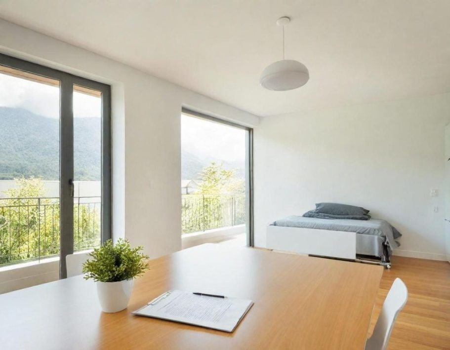 Helles Zimmer Helles Zimmer mit einem Tisch, Stühlen, Pflanzen und Blick auf die Berge durch große Fenster.