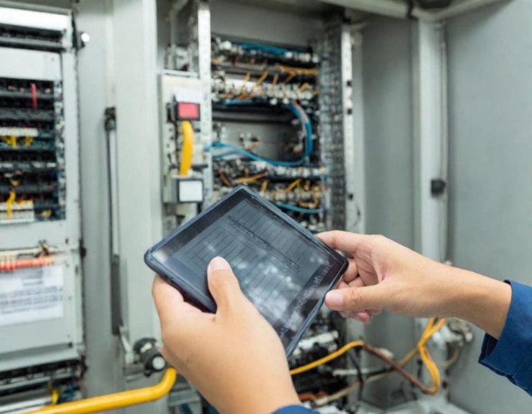 Elektrische Arbeiten Eine Person, die ein Tablet in der Nähe von elektrischen Schaltkästen hält.