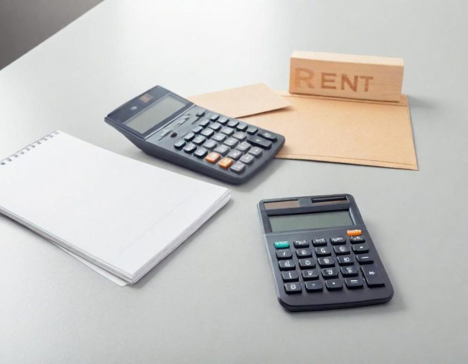 Vermietungsbüro Zwei Taschenrechner, ein Notizblock und ein Briefumschlag mit der Aufschrift "Miete".