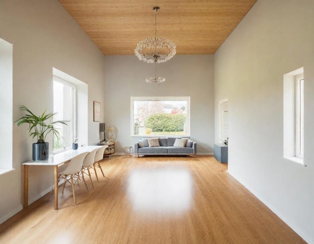 Helles Wohnzimmer mit Holzdecke, Sofa, Tisch und Pflanzen.