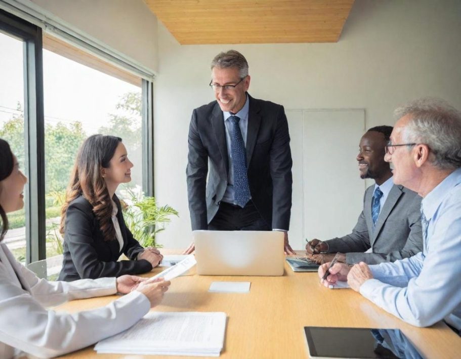 Geschäftsbesprechung: Fünf Personen diskutieren an einem Tisch mit Laptop und Notizen.