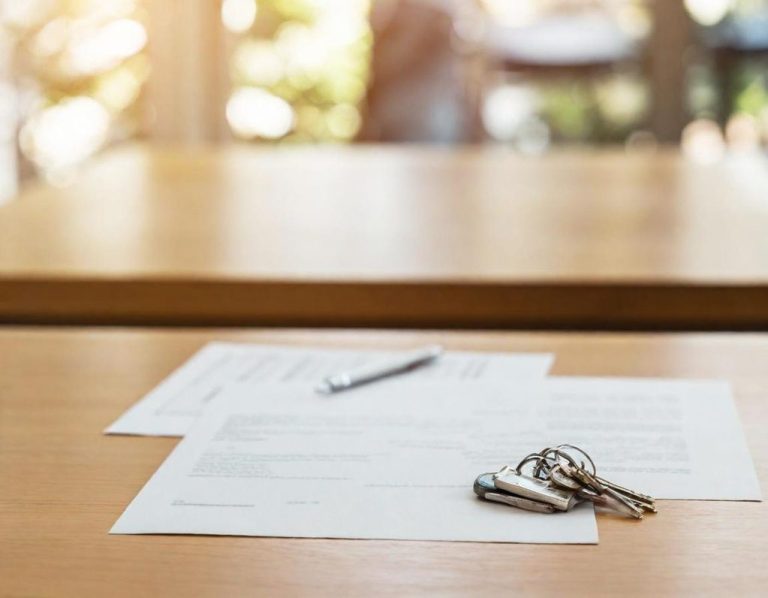 Büro Arbeitsplatz Zwei Dokumente und ein Schlüsselbund auf einem Holztisch in einem hellen Raum.