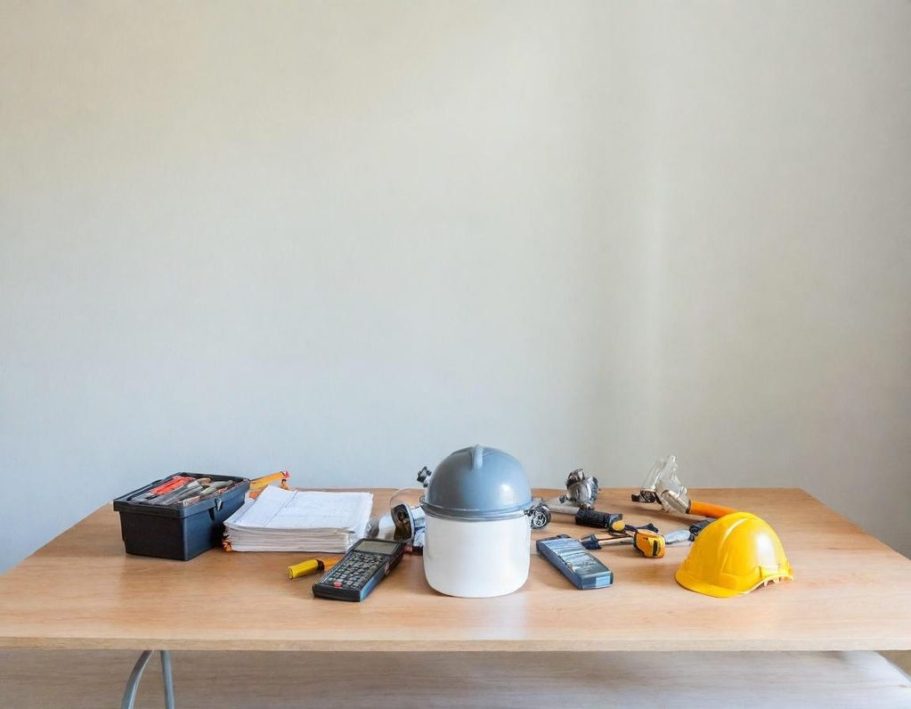 Tisch mit Werkzeugen Ein Tisch mit Werkzeugen, einem Gelben Helm und einer weißen Box.