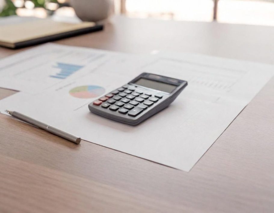 Planung im Büro Taschenrechner auf einem Tisch, umgeben von Dokumenten und einem Stift.