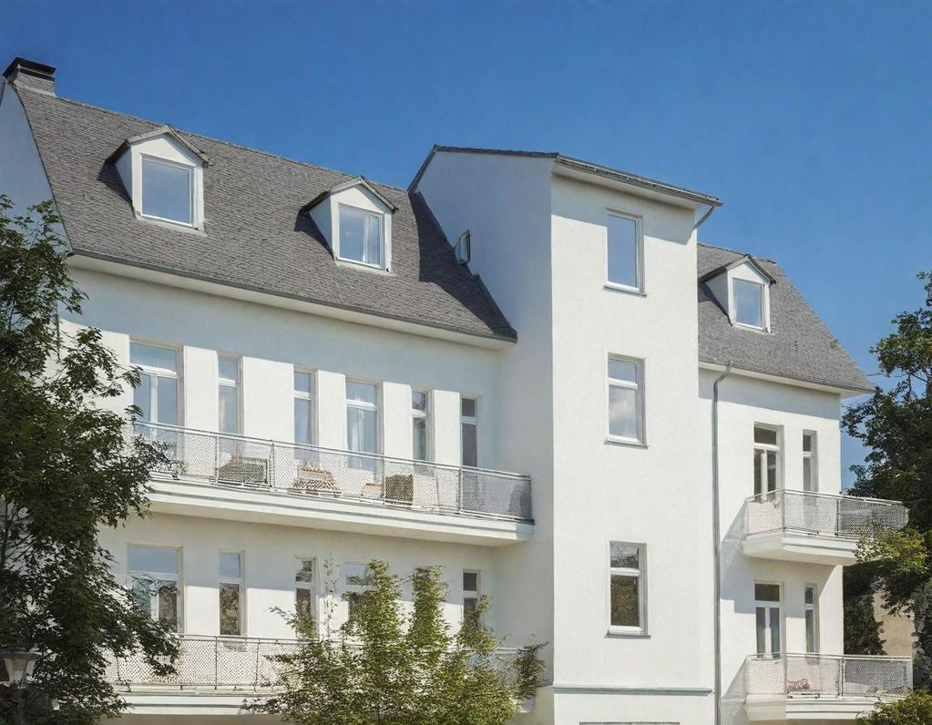 Modernes Mehrfamilienhaus mit hellem Äußeren und mehreren Fenstern.